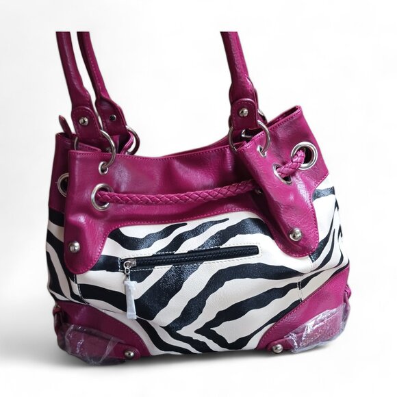 NWT Zebra Stripe Faux Leather Shoulder  Bucket Bag with Fuchsia Pink Trim - Picture 3 of 11